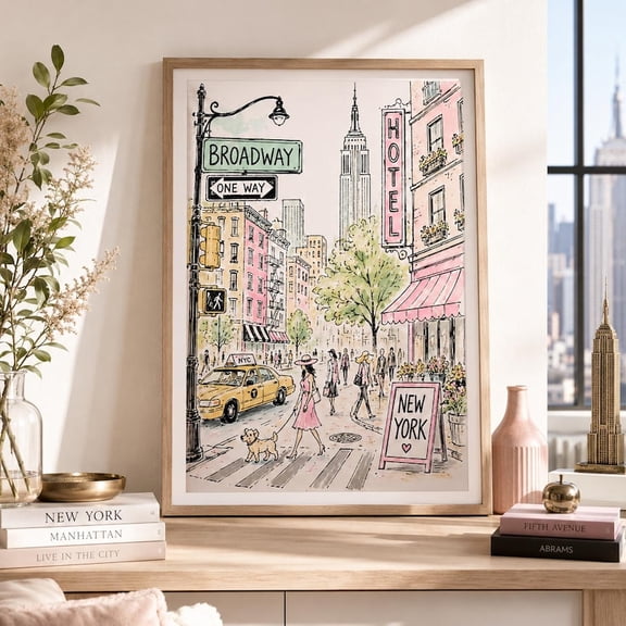 New York City Poster, Pink NYC Street Scene Print, Broadway Fashion Illustration, Chic Manhattan Cafe Decor Poster