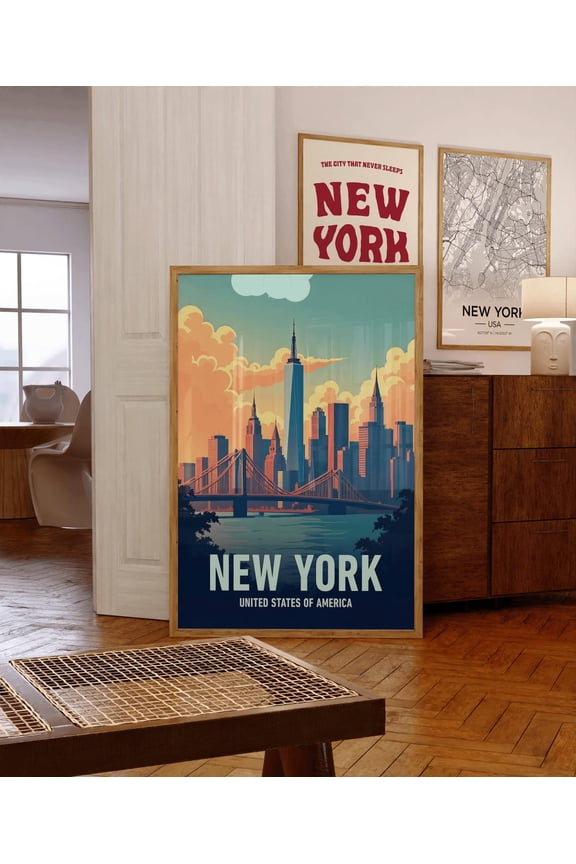 New York City Poster Vintage Travel Wall Art NYC Skyline Manhattan Art, Unframed Poster