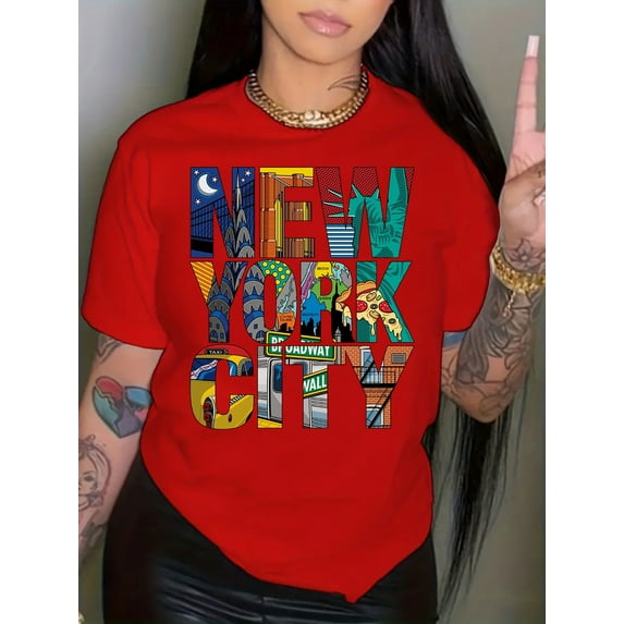 New York City Print 100% Cotton T-Shirt, Casual Short Sleeve Crew Neck Comfortable T-Shirt For Spring & Summer, Women's Oversized XS-XXL Clothing