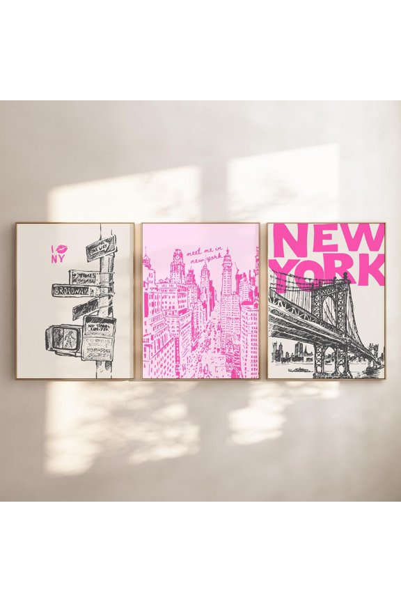 New York City Print Trendy Pink Travel Retro NYC Posters Preppy Dorm Decor Set 3 Stretched Canvas 8x12