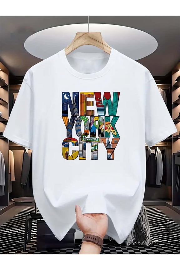 New York City Print Unique Graphic Breathable Polyester Short Sleeve Crew Neck T-Shirt for Men, Machine Washable Summer Casual Comfortable Great Gift for Travel Everyday Wear