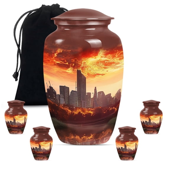 New York City Red Fire Sky Handmade Mini Cremation Urns For Men - Funeral Large Urn For Ashes For Women - Memorial Gifts For Decorative Combo 10Inch 200Lbs And 3Inch 4 Keepsake Urn