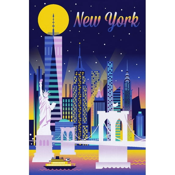 New York City, Retro Skyline Chromatic Series (16x24 Giclee Gallery Art Print, Vivid Textured Wall Decor)