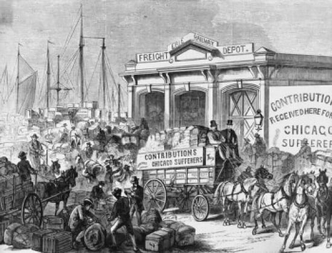 New York City - Scene at the Erie Ferry House Arrival of Contributions for the Chicago Sufferers American History Canvas Art - (18 x 24)