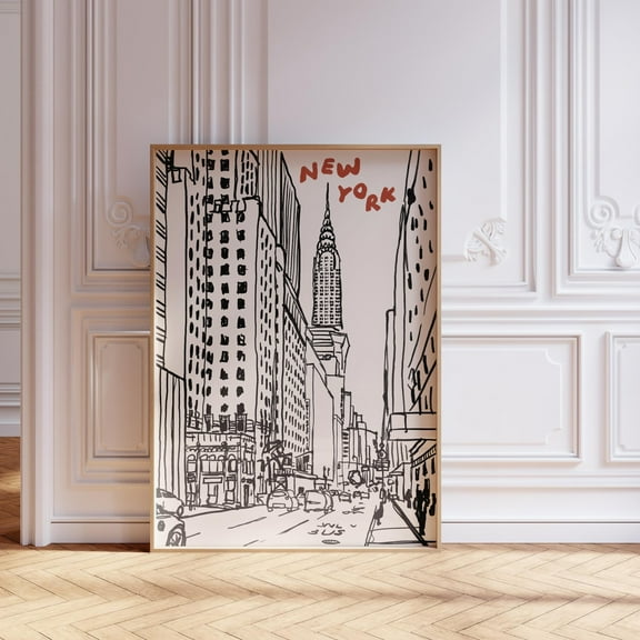 New York City Sketch Print, Retro Nyc Black & White Urban Poster, Red Typography Manhattan Skyline, Chrysler Building Wall Art, Modern Wall Decor, 12x18 UNFRAMED