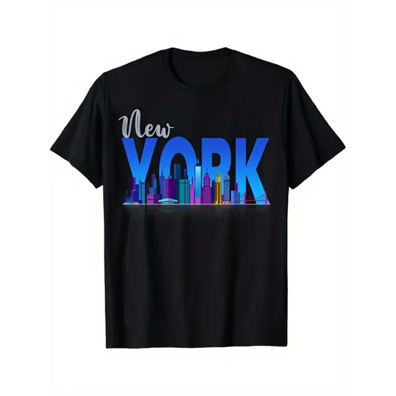 New York City Skyline Graphic T-Shirt - Black Casual Short Sleeve Tee with Vibrant NYC Skyline Design, Medium Stretch Fabric, Perfect Travel Souvenir Gift for Men & Women