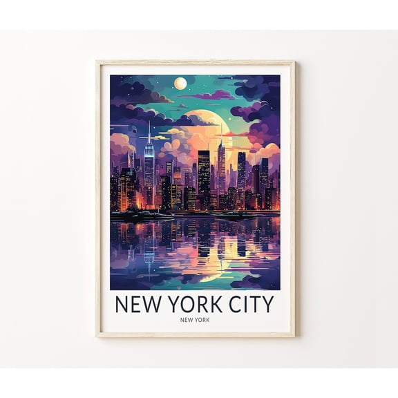 New York City Skyline Night Travel Wall Art, Unframed Paper Poster 8x10in