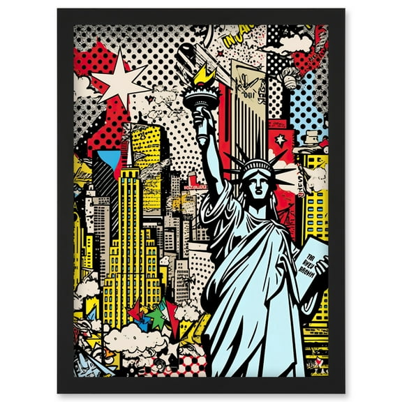New York City Skyline Statue of Liberty Pop Art Comic Book Style American Dream Artwork Framed Wall Art Print A4