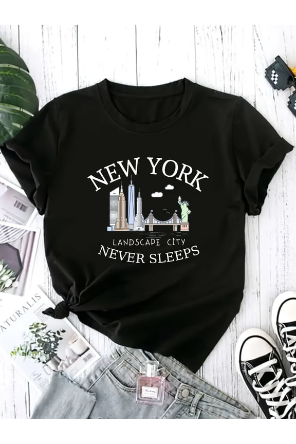 New York City Skyline T-Shirt - Statue of & Iconic Landmarks, Comfortable Round Neck Summer Travel Shirt Suitable for USA Trips, Machine Washable Casual Wear or Souvenir Gift (NYC)