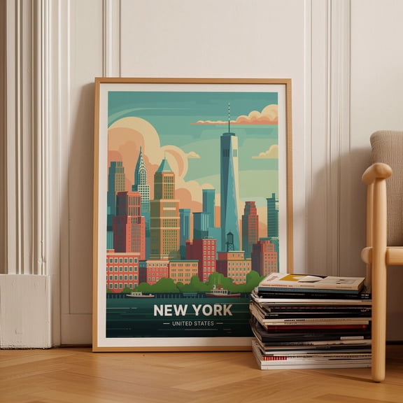 New York City Skyline Travel Poster Modern Cityscape Wall Art C2094