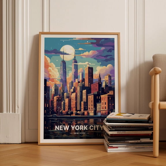 New York City Skyline Urban Cityscape Night View, Unframed Paper Poster 8x10in