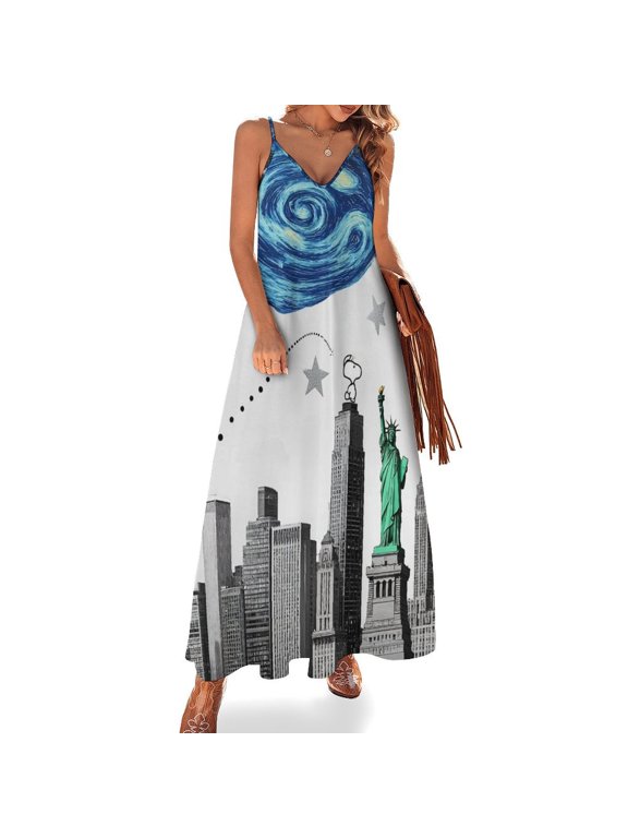 New York City Skyline with Stars Sleeveless Suspender Dress Summer Fashion Casual Long Dress