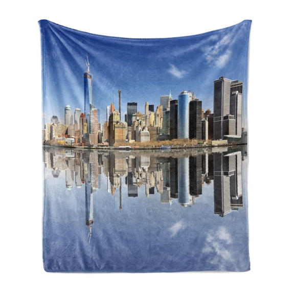 New York City Soft Flannel Fleece Throw Blanket, Manhattan Island Silhouette with Skyscrapers Towers Famous Island, Cozy Plush for Indoor and Outdoor Use, 70" x 90", Multicolor, by Ambesonne