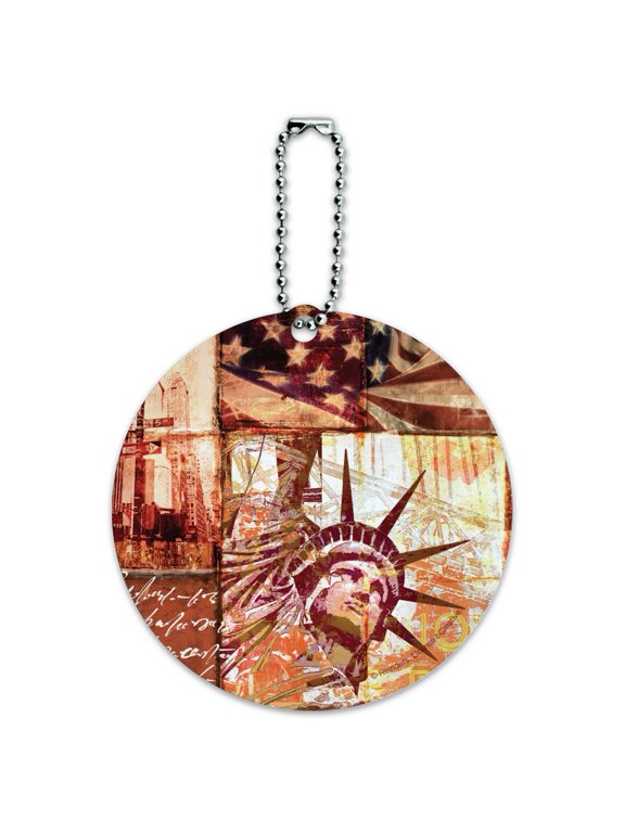 New York City Statue Liberty Tile Collage Round Luggage ID Tag Card Suitcase Carry-On