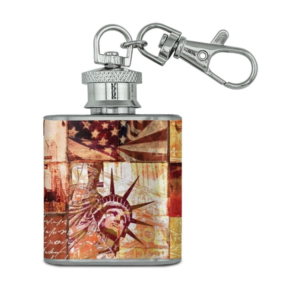 New York City Statue Liberty Tile Collage Stainless Steel 1oz Mini Flask Key Chain