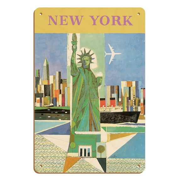 New York City - Statue of Liberty - Vintage Airline Travel Poster by Webber c.1960 - 8 x 12 inch Vintage Wood Art Sign