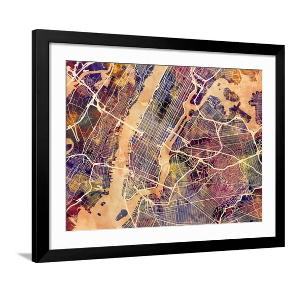 Art.com New York City Street Map Art Print by Michael Tompsett, Black Frame Wall Art, 40" x 32"