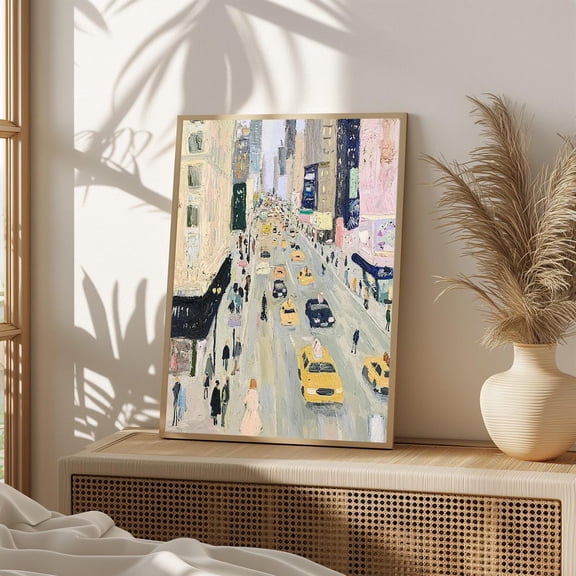New York City Street Scene Print Poster, Times Square Taxi , Urban Wall Art, Impressionist Yellow Cab Artwork, NYC Skyline Decor,1071, Size 8x12 UNFFRAMED F03.1.6l2927