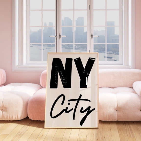 New York City T-Shirt Black Beige NY Travel Typography Cityscape NYC Dorm Tee, Stretched Canvas 12x16in