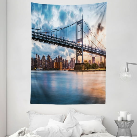 New York City Tapestry, Kennedy Triboro Bridge in Queens New York Manhattan River Scenery, Wall Hanging for Bedroom Living Room Dorm Decor, 60W X 80L Inches, Peach Blue Orange, by Ambesonne