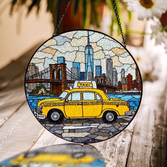New York City Taxi Skyline Glass Suncatcher, Window Hanging, for Dad, 6.3 in