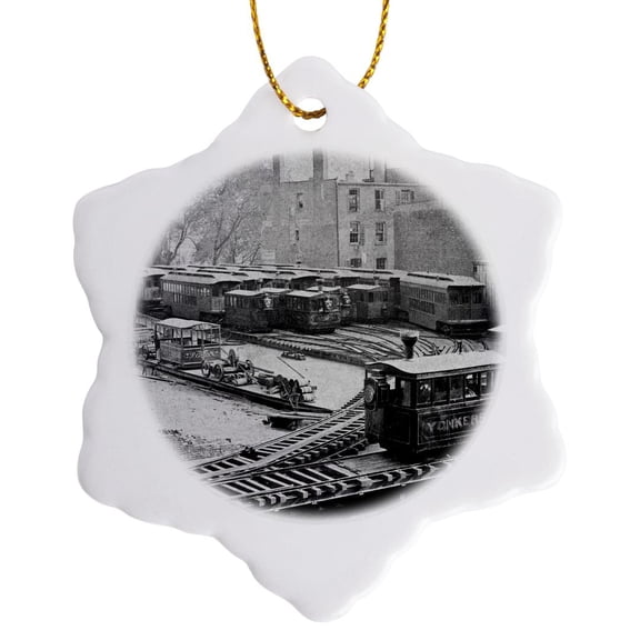 New York City Train On Ny Elevated Railroad Yonkers Switch Station 1860S, 3 inch Snowflake Porcelain Ornament