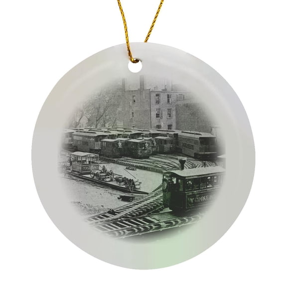 New York City Train On Ny Elevated Railroad Yonkers Switch Station 1860S, Circle Porcelain Ornament