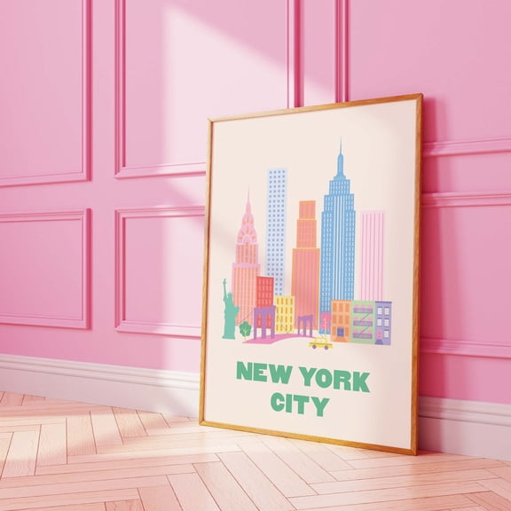 New York City Travel Poster Pink Nyc Skyline Exhibition Cute Trendy Wall Art Dorm Room Decor Poster, Stretched Size 12x18