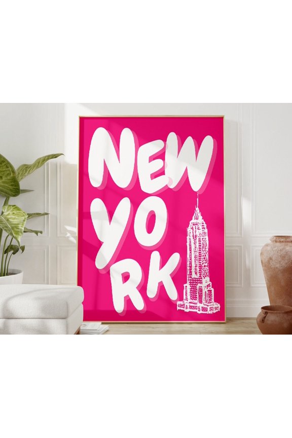 New York City Travel Print, Art, Pink Ny Travel Print, Preppy Wall Print, Typography Travel Poster, Dorm Decor, Ny Poster Wall Art, Modern Wall Decor, 8x12 UNFRAMED