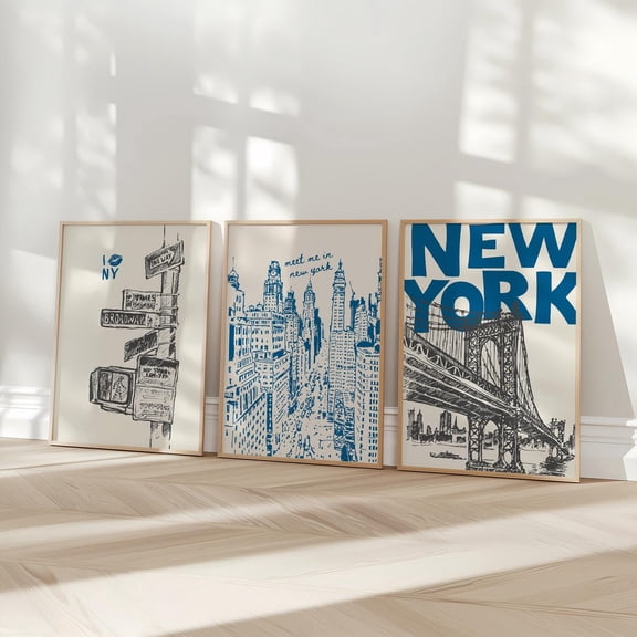 New York City Travel Print Retro NYC Poster Navy Blue Trendy Apartment Aesthetic Set 3 Unframed Paper Print 20x30