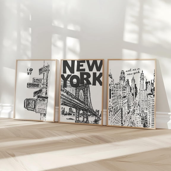 New York City Travel Wall Art Retro NYC Poster Trendy College Apartment Decor Set 3 Stretched Canvas 8x12