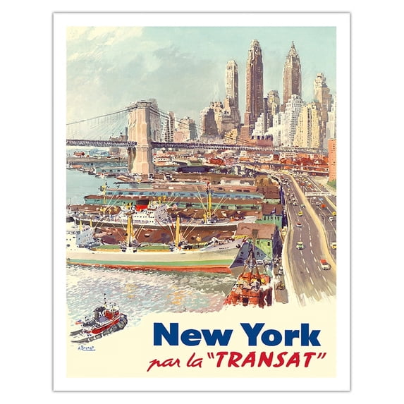 New York City - Travel by Boat (Par La Transat) - Vintage Travel Poster by Albert Brenet c.1950s - Fine Art Matte Paper Print (Unframed) 11x14in
