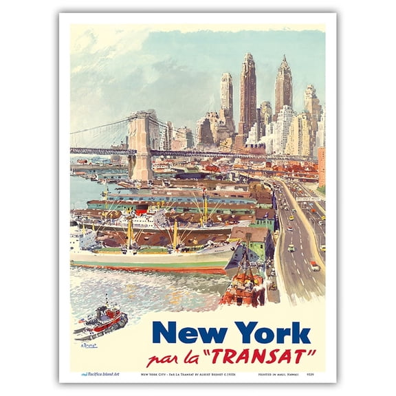 New York City - Travel by Boat (Par La Transat) - Vintage Travel Poster by Albert Brenet c.1950s - Master Art Print (Unframed) 9in x 12in