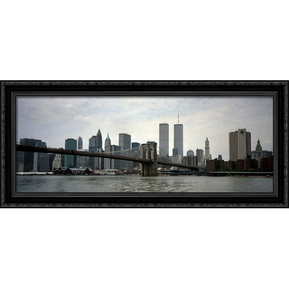 New York City Twin Towers Skyline 40x18 Large Black Ornate Wood Framed Canvas Art