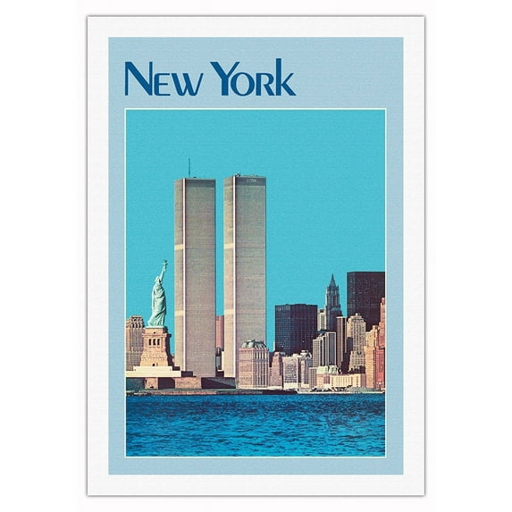 New York City - Twin Towers Statue of Liberty - Vintage Travel Poster c.1970 - Fine Art Rolled Canvas Print 27in x 40in