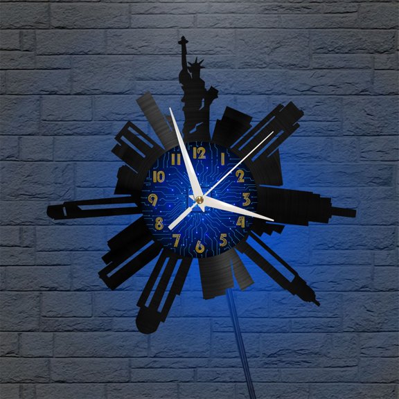 New York City View 12 Inch Vinyl Record Wall Clock - Silent, Creative, and Unique Clock for Living Room, Entryway, or Bedroom Decor - Perfect Gift Idea(12 inchs B with LED)