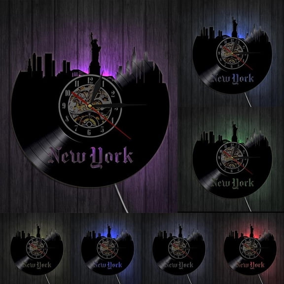 New York City Vinyl Record Wall Clock NY Statue of Liberty Skyline Wall Art Modern Wall Clock USA Tourism Travel Gift Clock With LED