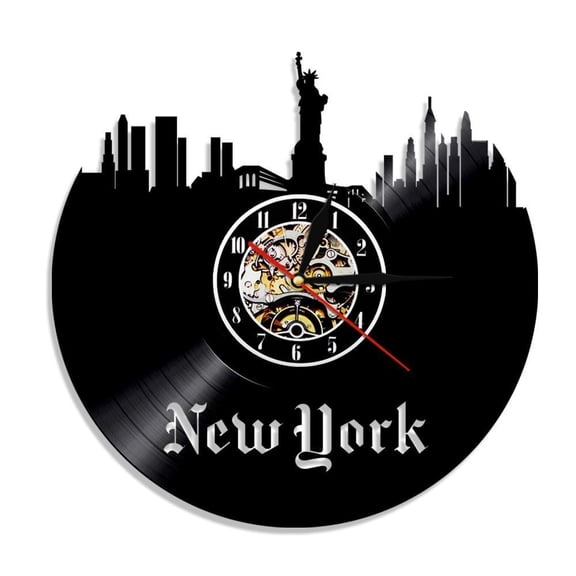 New York City Vinyl Record Wall Clock NY Statue of Liberty Skyline Wall Art Modern Wall Clock USA Tourism Travel Gift Clock Without LED
