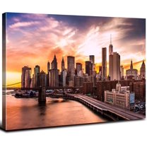 New York City Wall Art Bedroom Brooklyn Bridge Skyline Wall Decor Sunset Cityscape Poster for Office NYC Downtown Pictures Canvas Print Skyscraper Panoramic Artwork Living Room Home Decoration 12x16