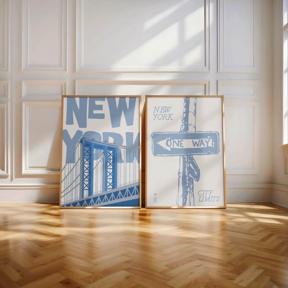 New York City Wall Art Blue Retro Travel Prints Set 2 Stretched Canvas 16x24