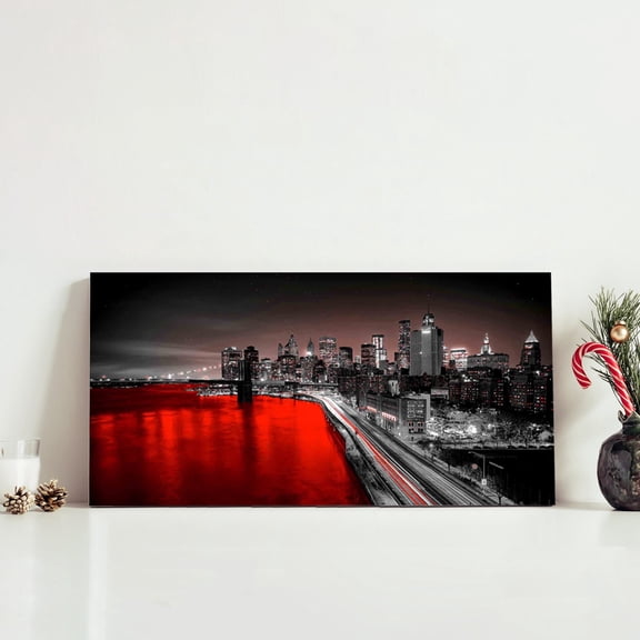 New York City Wall Art Brooklyn Bridge Night View Picture Canvas Print Black and Red City Poster Painting Modern Home Office Living Room Decoration