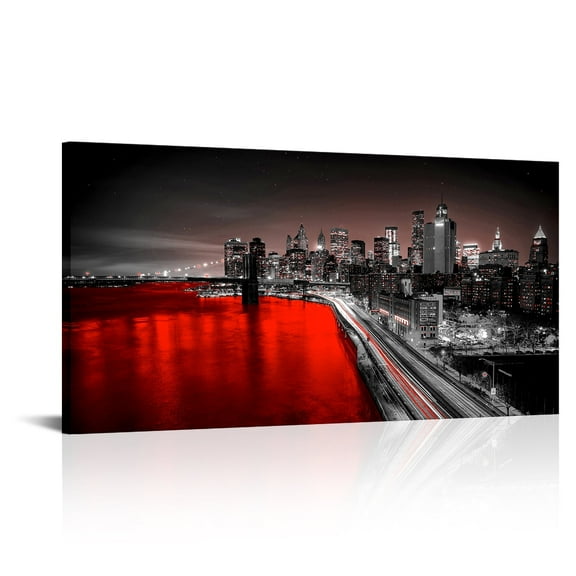 New York City Wall Art Brooklyn Bridge Night View Picture Canvas Print Black and Red City Poster Painting Modern Home Office Living Room Decoration