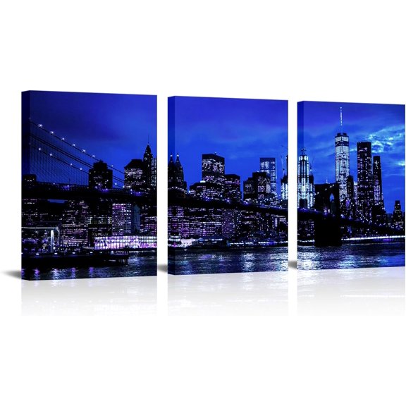 New York City Wall Art Canvas Black and White Blue Brooklyn Bridge Night Skyline Picture Print Modern Cityscape Painting for Home Office Decor (Small) (Blue)