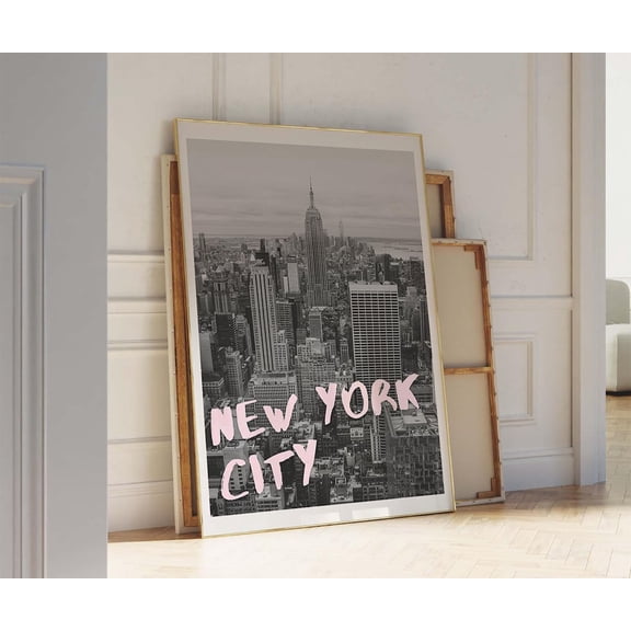 New York City Wall Art, Nyc Print Poster, Retro New York Skyline Print, Trendy Wall Decor, Vintage Print, Girly Wall Art, Pink Travel Print Home Decor #644, Stretched Canvas Size 16x24