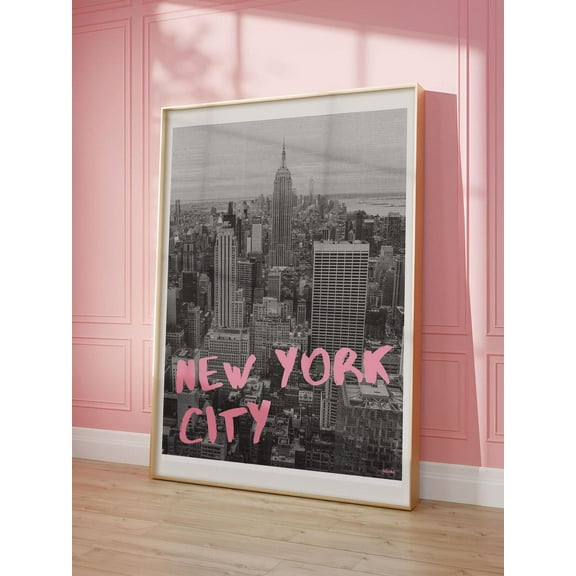 New York City Wall Art, Nyc Print Poster, Retro New York Skyline Print, Trendy Wall Decor, Vintage Print, Girly Wall Art, Pink Travel Print Home Decor #657, Unframed Canvas Size 16x24