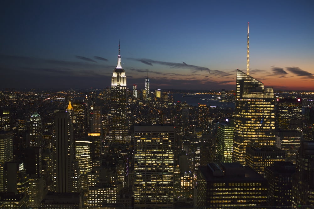 New York City buildings illuminated at nighttime New York City New York United States of America Canvas Art - Kate Williams Design Pics (38 x 24)