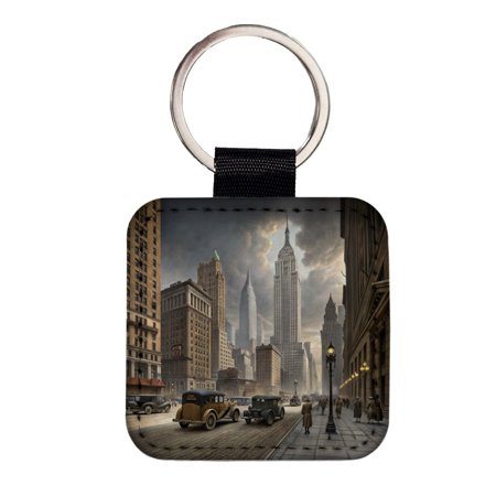 New York City in the 1900's Faux Leather Square Keychain