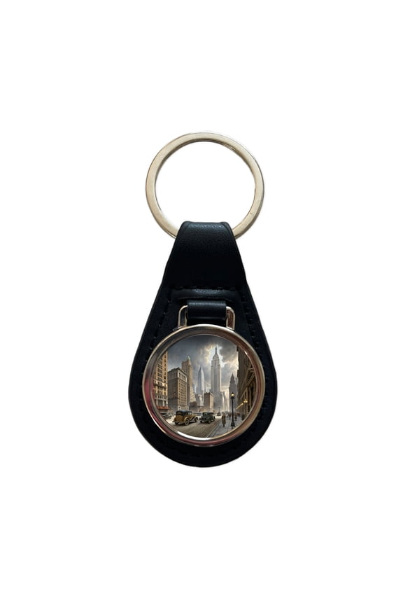 New York City in the 1900's Metal Black Leather Keychain