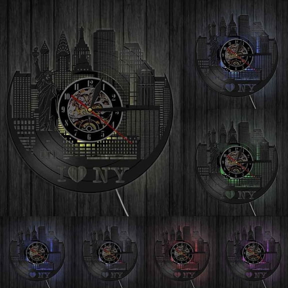 New York Cityscape Modern Silent Wall Clock Watch Wall Decor NYC Skyline Vinyl Record Wall Clock Watches Unique Travel Gifts With LED