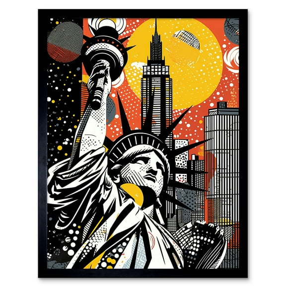 New York Collage Halftone Pop Art Comic Book Statue of Liberty Skyscraper Abstract Art Print Framed Poster Wall Decor 12x16 inch